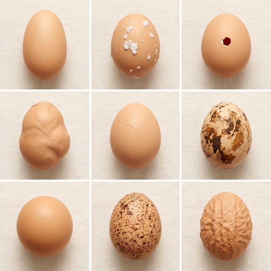 Griglia dei nove difetti delle uova da scartare prima dell'incubazione: allungato, calcificazione, forato, deformato, micro-crepato, sporco, rotondo, macchiettato, rugoso