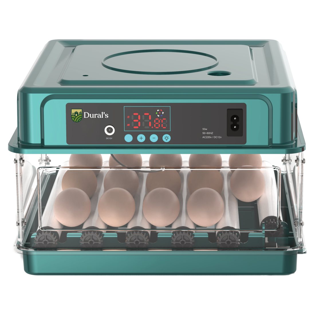 Dural's GC5601 automatic incubator from the front, control display and tray full of eggs